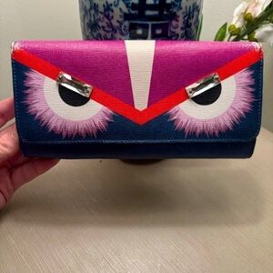 FENDI BAG BUGS Monster Long Bifold Wallet Purse Leather Pink/Purple
